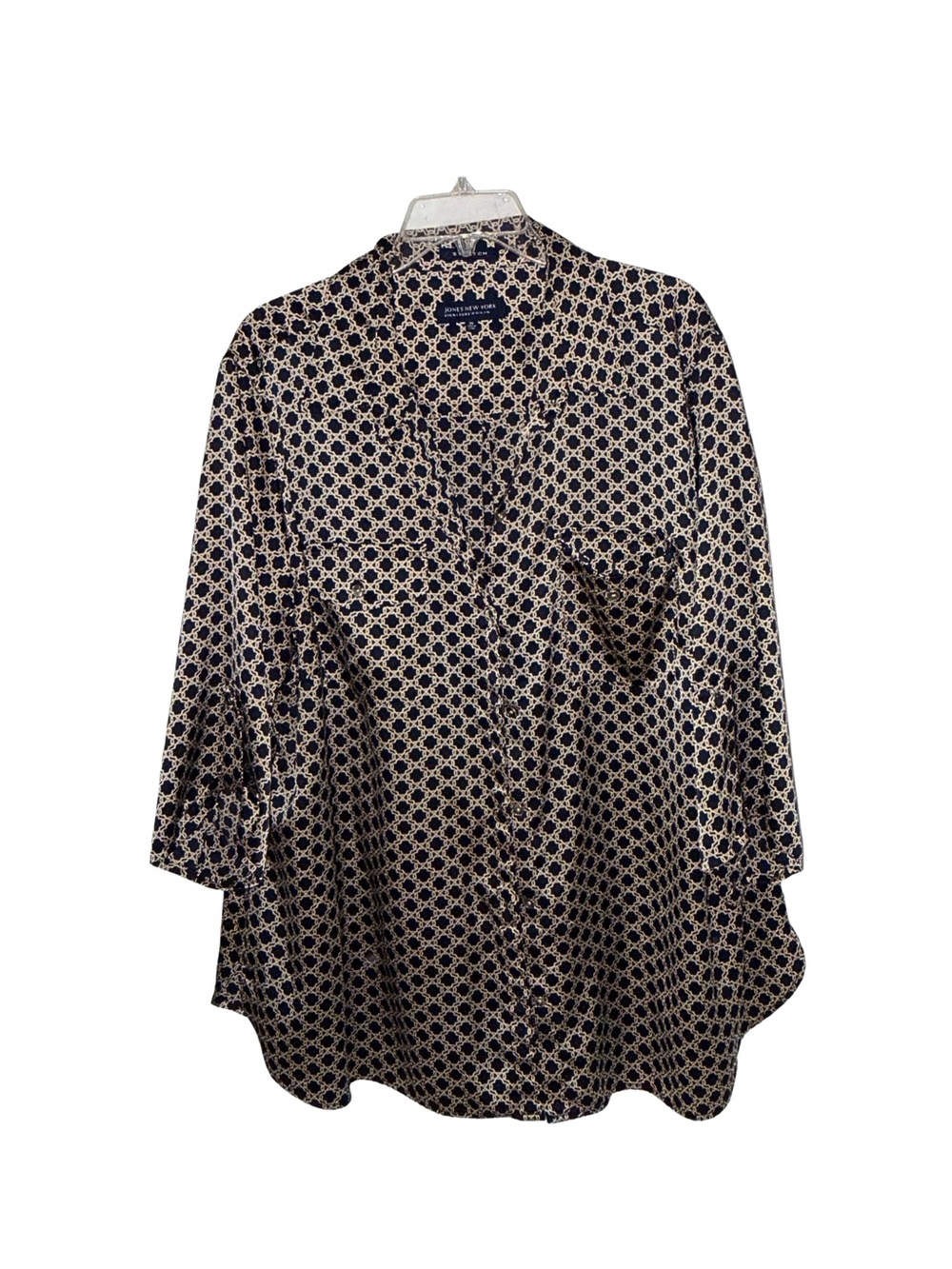 Jones New York Navy and Cream Printed Button-Down Blouse